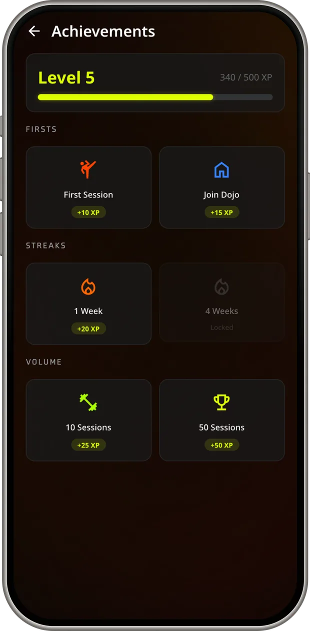 SupaHit Achievements screen showing level progress and earned XP badges